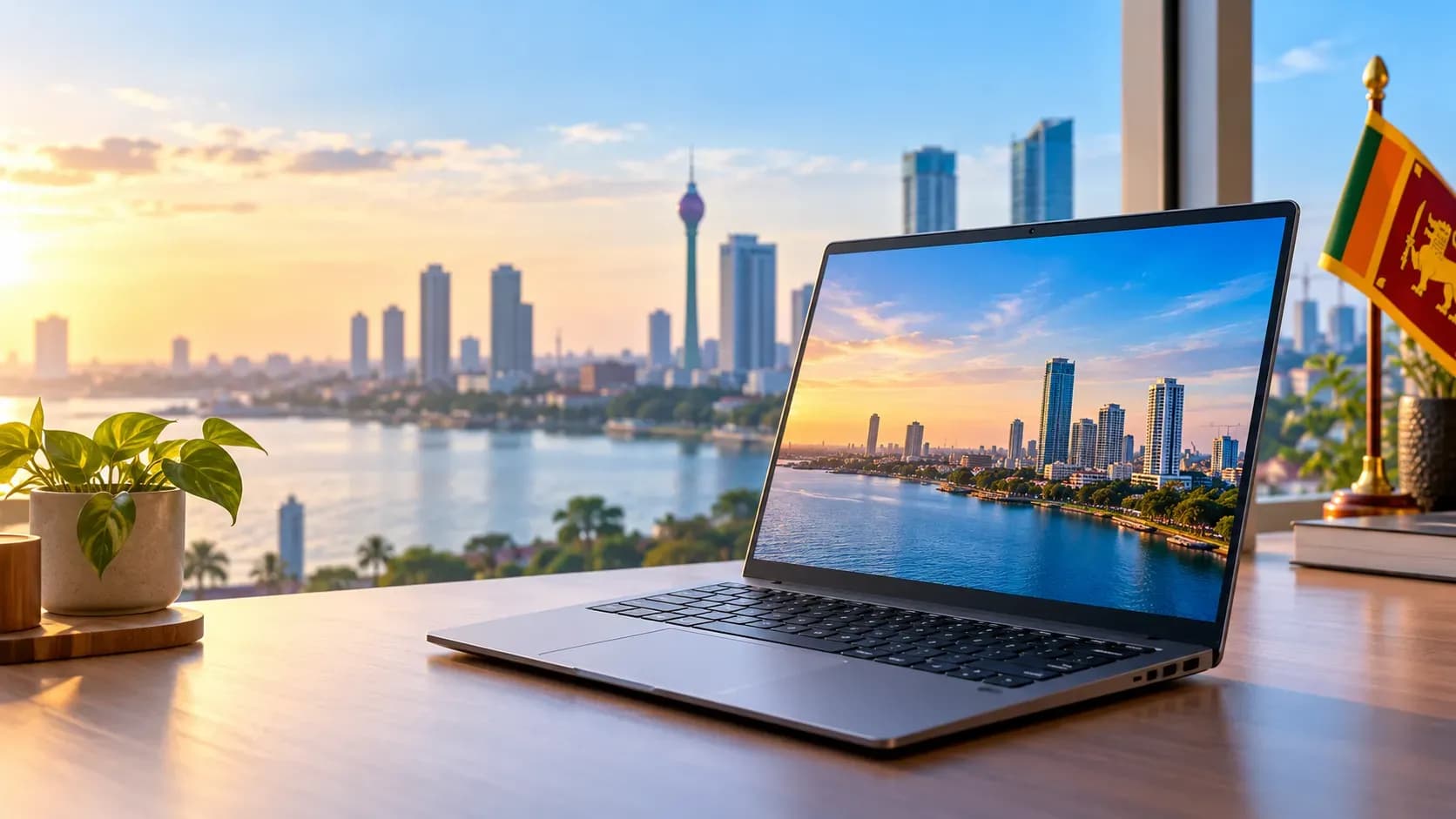 Chuwi laptop on a desk with a Sri Lankan city background