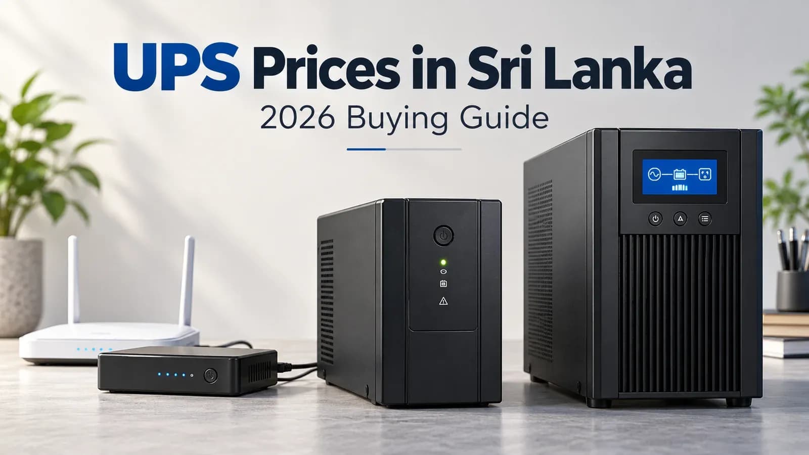 Illustration of a mini router UPS, desktop UPS and online UPS for the Sri Lanka 2026 buying guide.