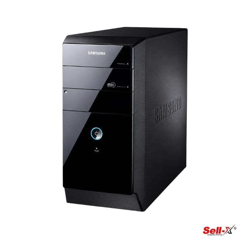 Used Samsung desktop PC, black glossy tower casing with DVD writer, front angled view